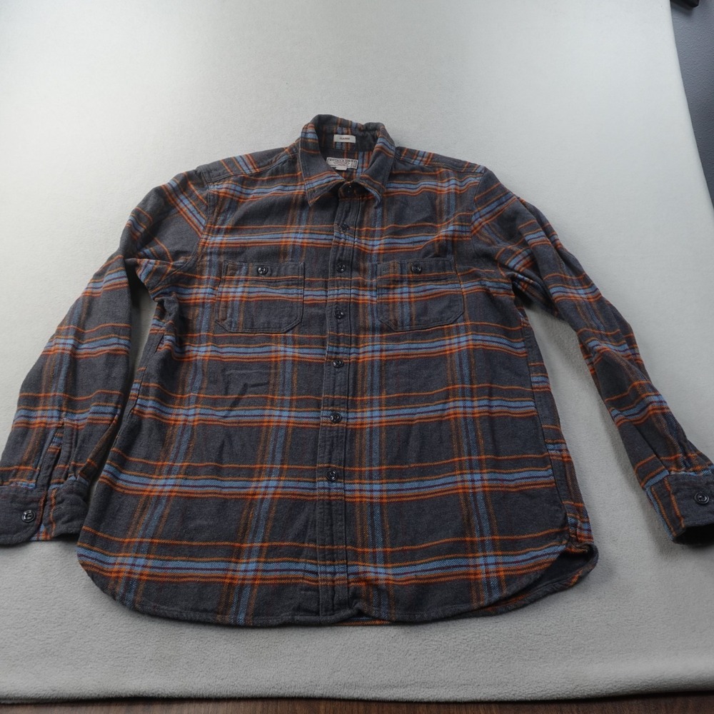Wallace & Barnes Flannel Shirt Mens Large Gray Orange Plaid Workwear Classic Fit